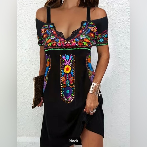 Dresses & Skirts - Floral Print, V-Neck, Off-the-Shoulder Dress